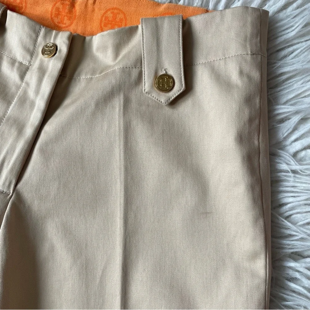Tory Burch Chino Khaki Tan Beige Logo Buttons Stretch Cotton Bermuda Shorts Sz 0